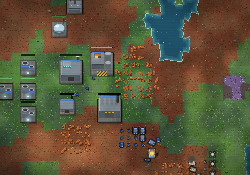 Eine Basis der Union mit Kraftwerken, Erzschmelze, Kaserne und Fabrik auf terraformtem Boden, davor Erzfelder und ein See